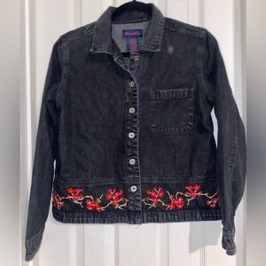 Denim&Co Women's Dark Jean Jacket with Red Embroidery